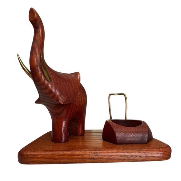 Vintage Hand Carved Wood Elephant Pipe Holder Candle Holder Desk Stand - Picture 1 of 10